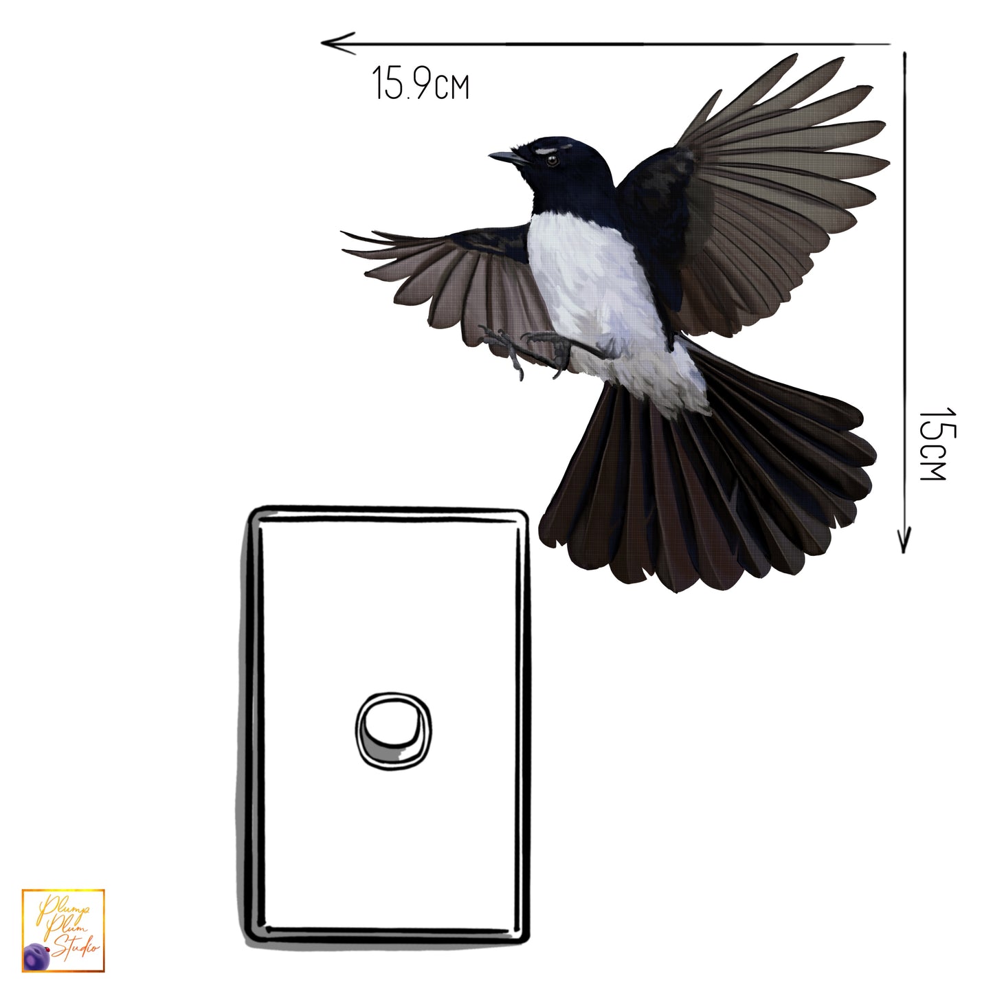 Australian Willie Wagtail decal, Willy Wag Tail textured vinyl sticker, peel/stick, light switch decal, cute little bird decal, car decal