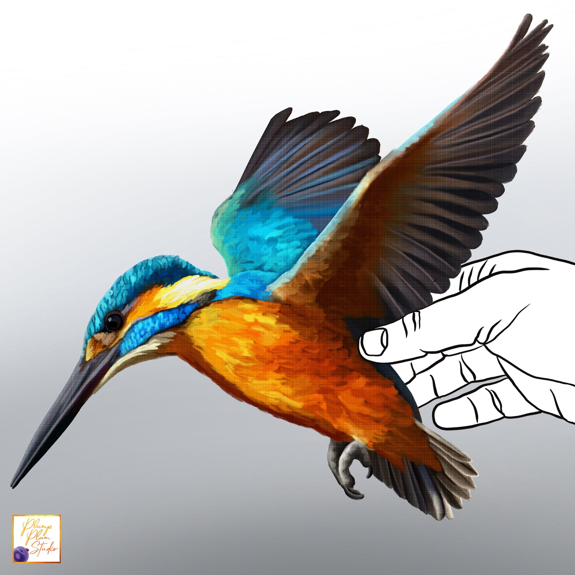 Hand-drawn flying Kingfisher bird decal in vibrant blue and orange, made from luxury textured vinyl.