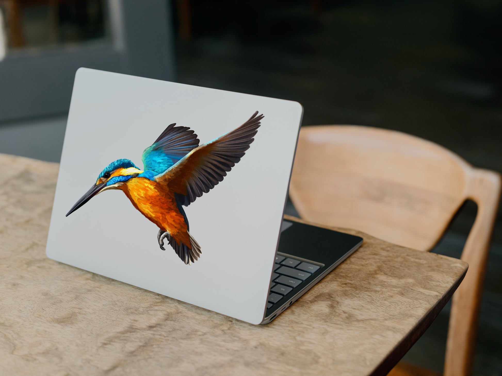 Realistic Kingfisher bird wall sticker applied to a laptop showing the detail of the flying bird art