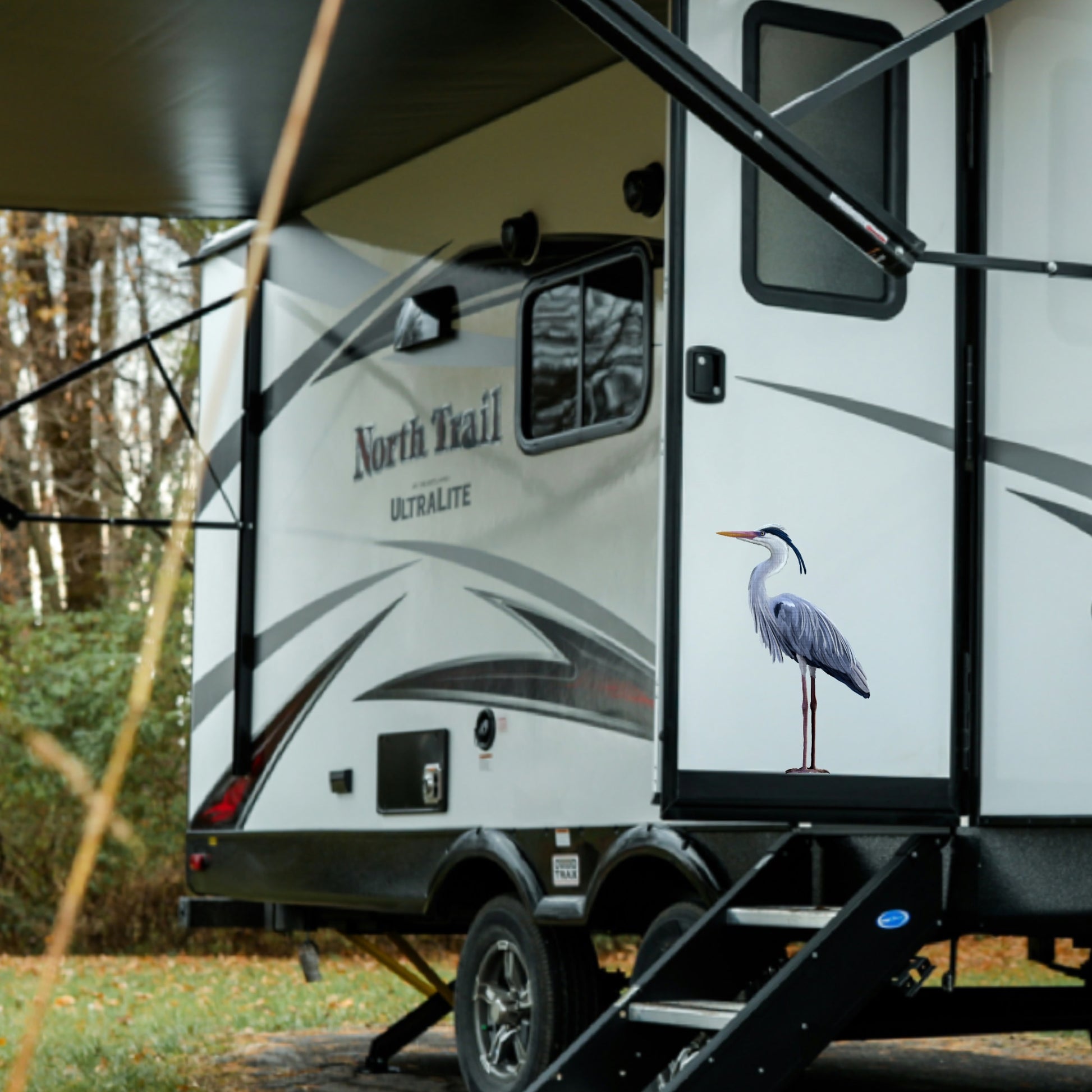 Water-resistant Great Blue Heron sticker on a RV, showcasing the seamless painted-on look