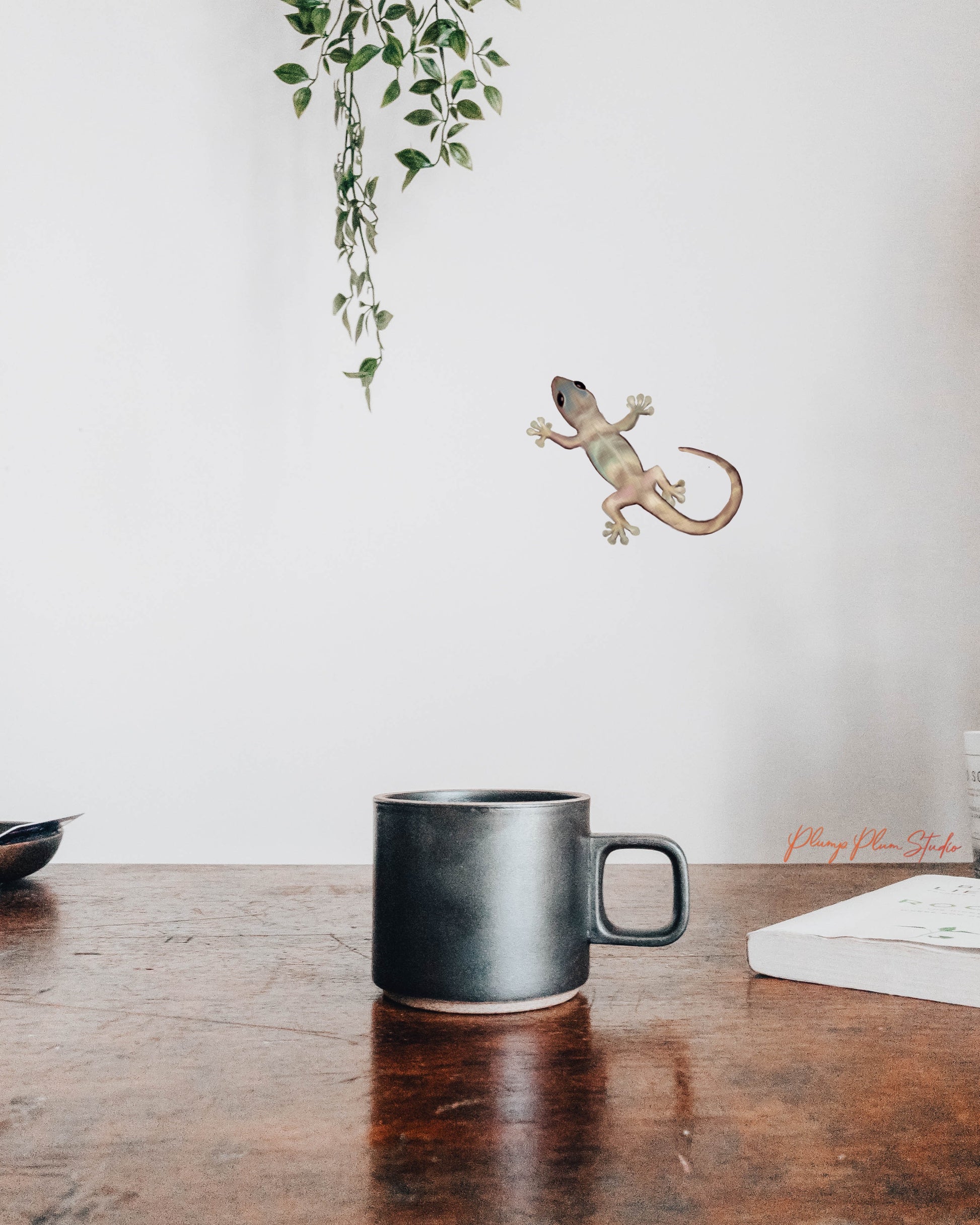 Small green gecko wall sticker positioned on a kitchen wall, looking like a friendly visitor in an Australian home.