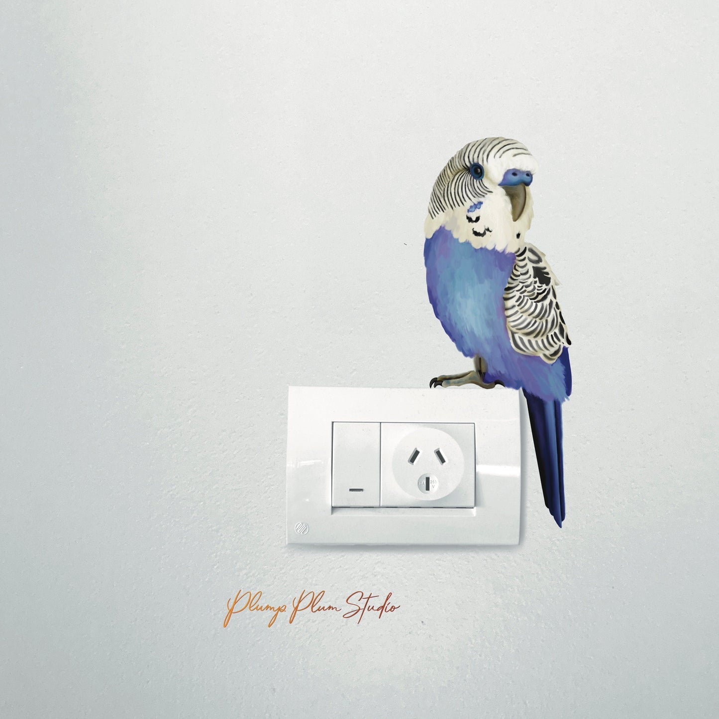 Small blue Budgie wall sticker perched realistically above a light switch in a clean, modern room.