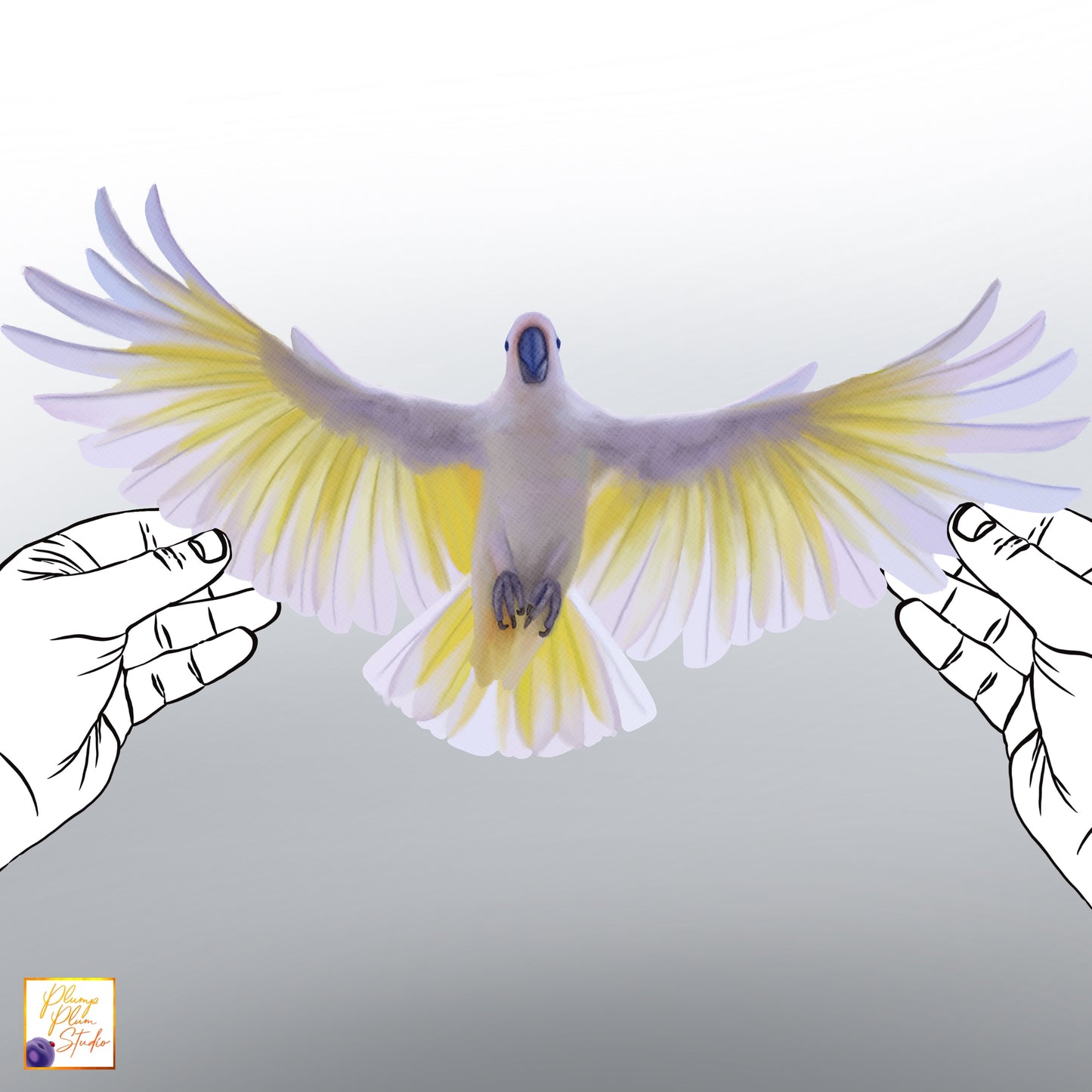 Realistic hand-drawn Sulphur-Crested Cockatoo in flight, featuring a vibrant yellow crest on luxury matte textured vinyl.