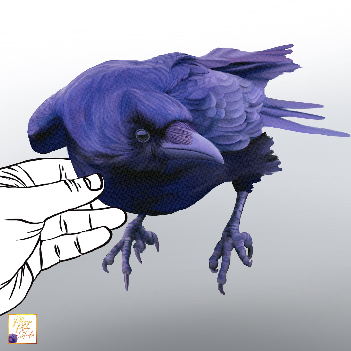 Realistic hand-drawn black raven decal with iridescent plumage on luxury matte textured vinyl.