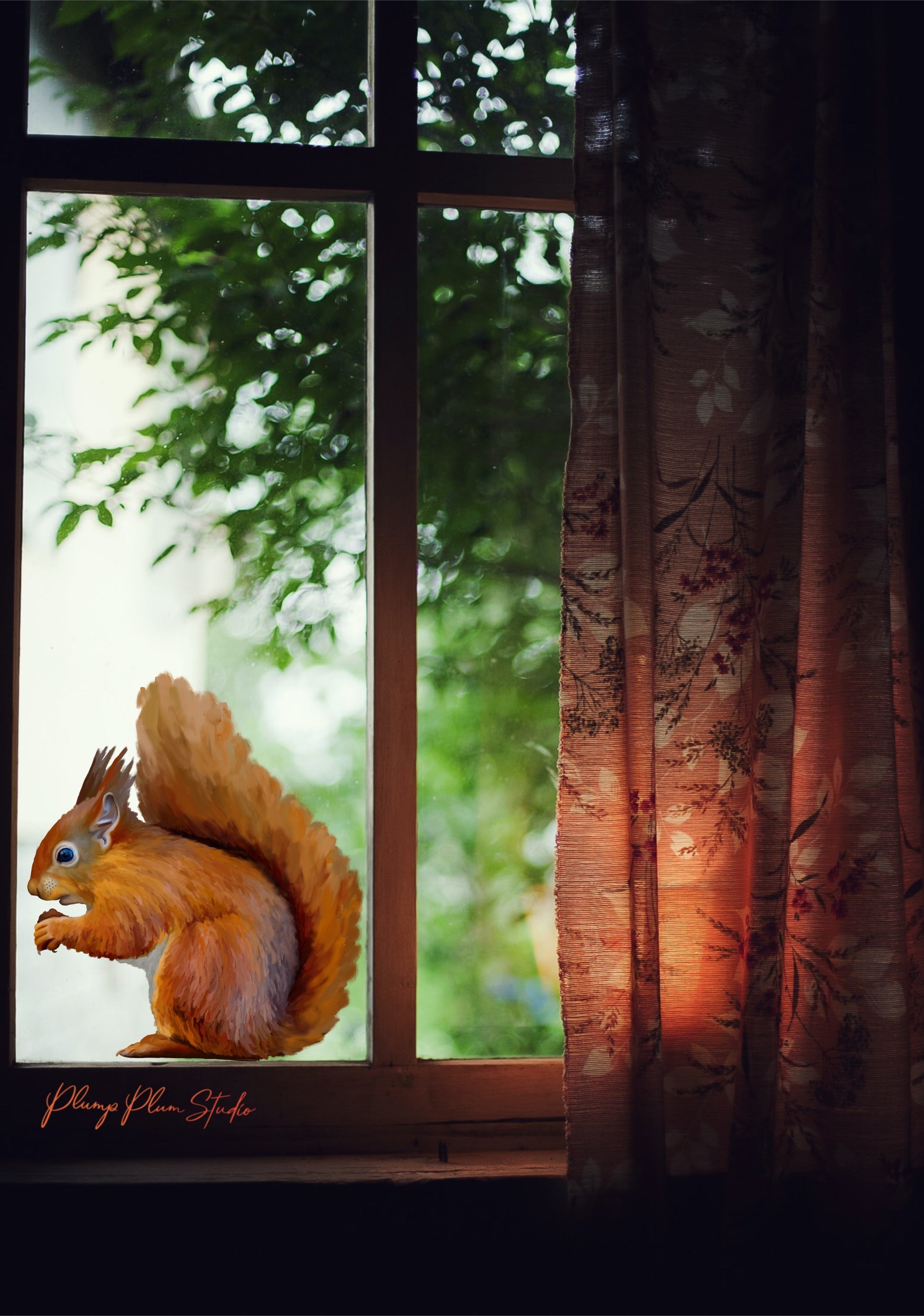 Red Squirrel wall sticker placed on a window, featuring a seamless borderless edge for a hand-painted look.