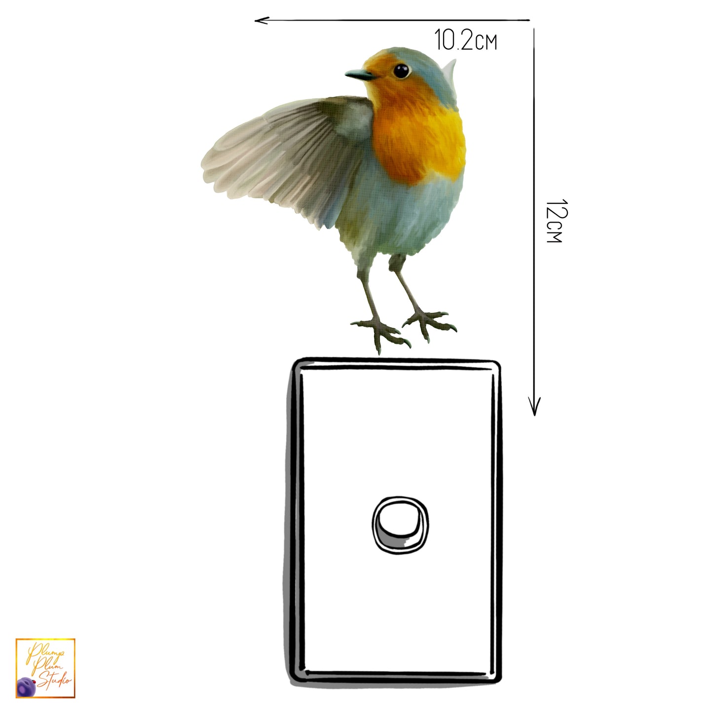 Small European Robin sticker perched realistically above a light switch, featuring a seamless borderless edge