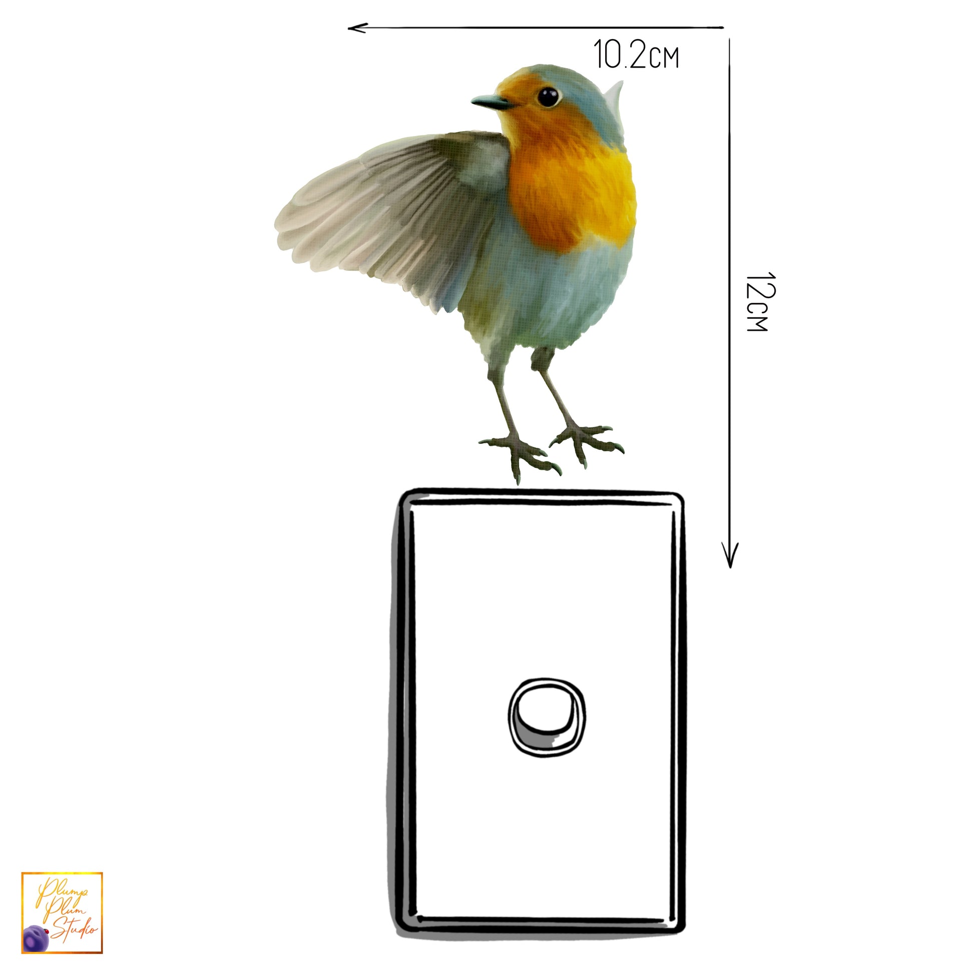 Small European Robin sticker perched realistically above a light switch, featuring a seamless borderless edge