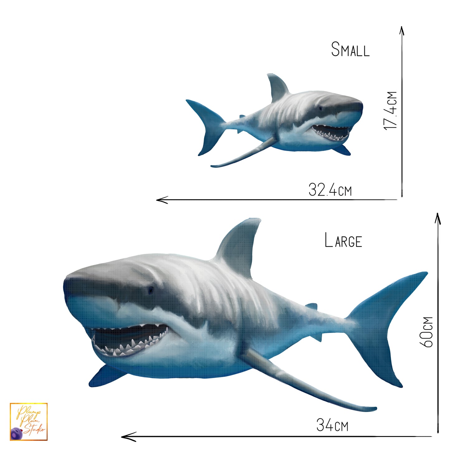 Large Great White Shark decal, choice large or small, Reusable Realistic Shark sticker, repositionable fabric texture vinyl, indoor/outdoor