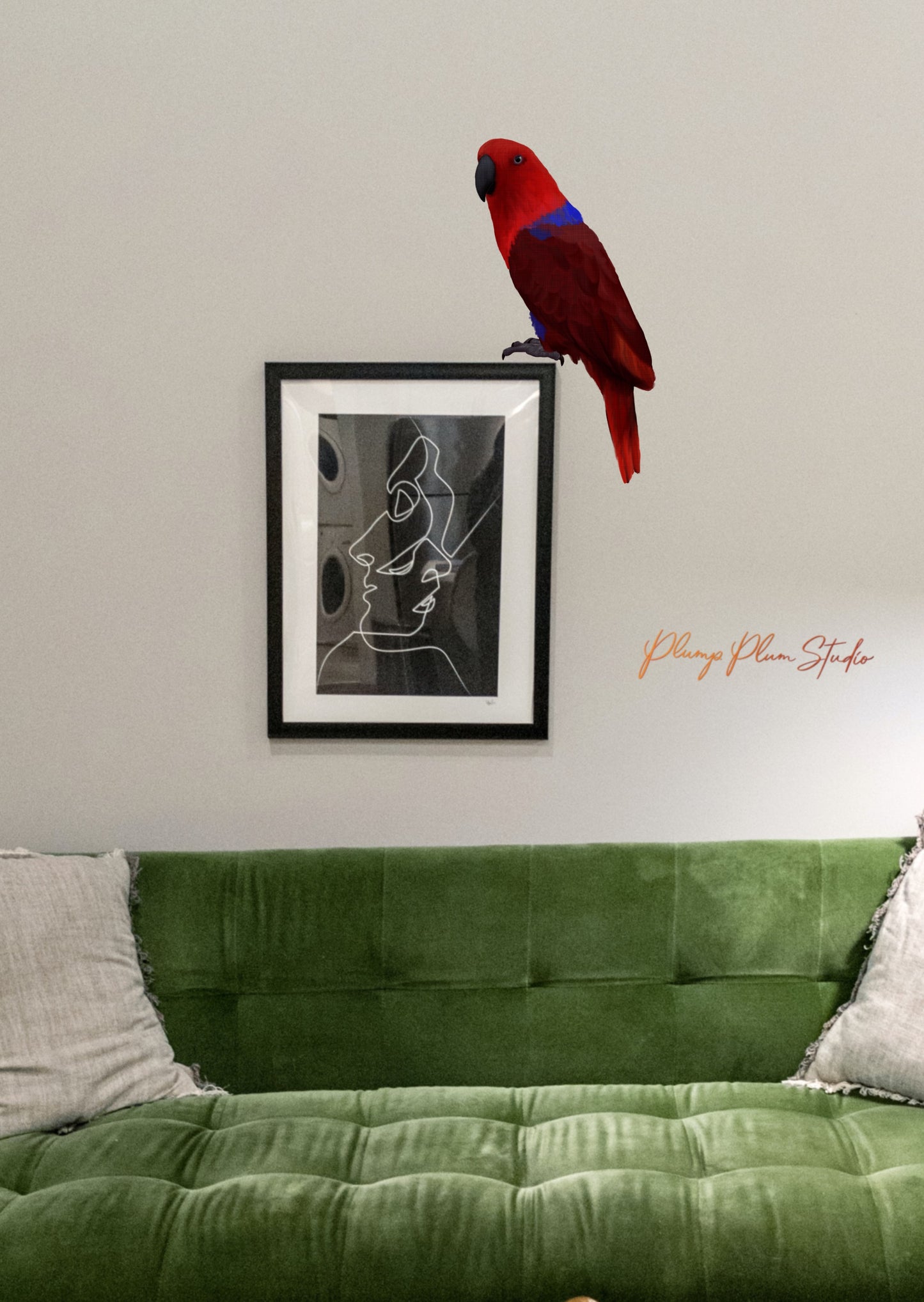 Textured fabric vinyl bird sticker of a female Eclectus parrot applied to a living room wall in a rental property