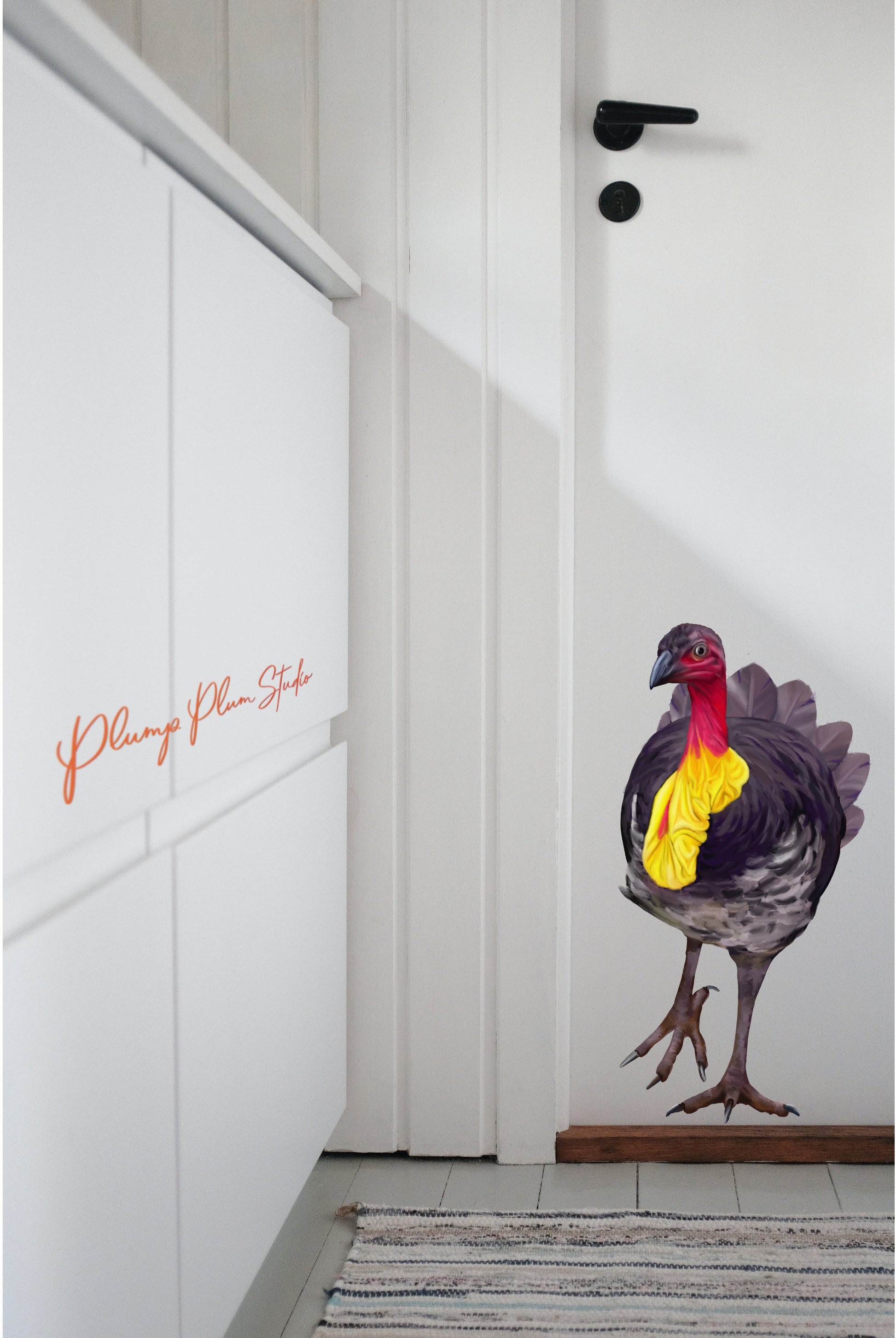 Large Scrub Turkey wall sticker placed in a kitchen corner, showing a lifelike "painted-on" effect on a smooth door