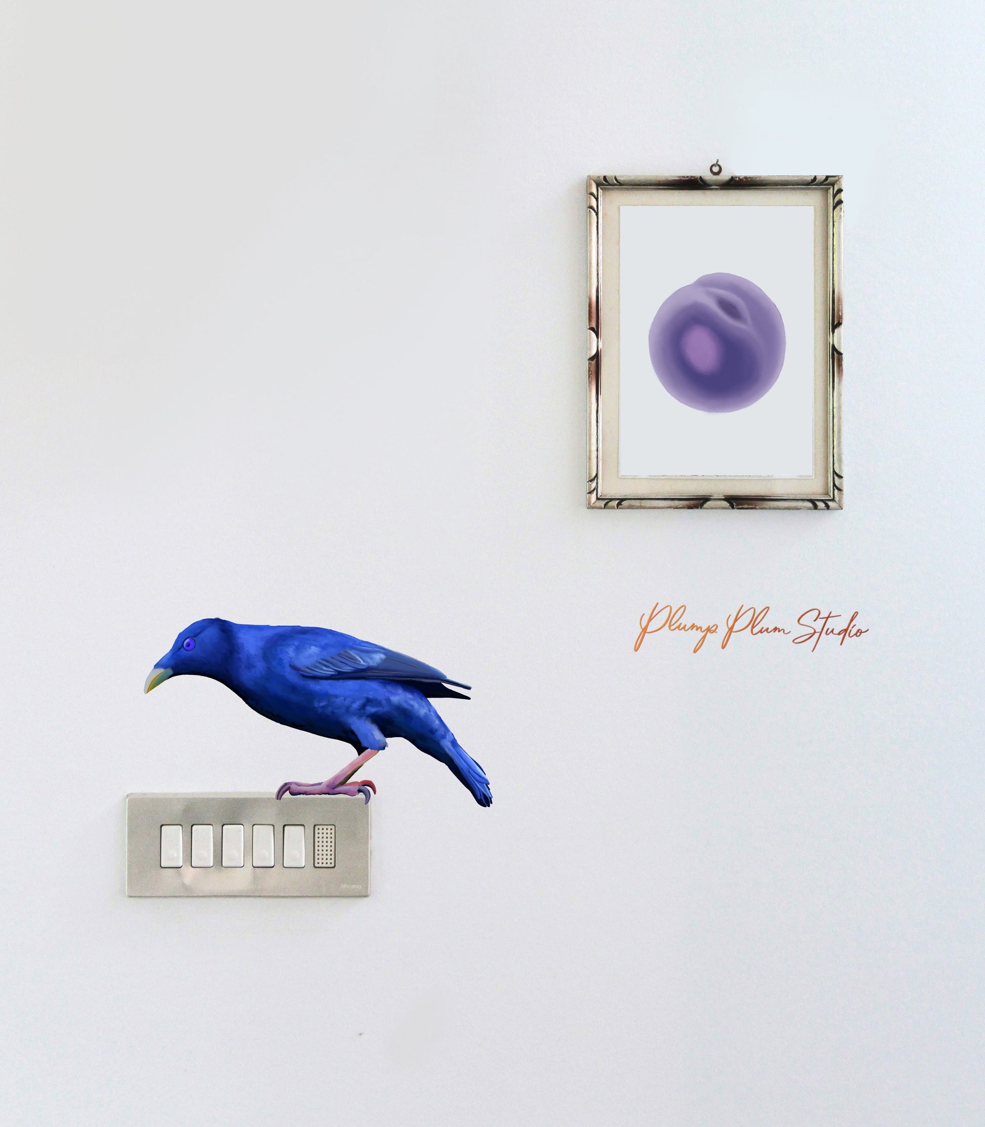 Life-size Satin Bowerbird sticker perched above a light switch, showcasing a seamless painted-on look on a neutral wall.