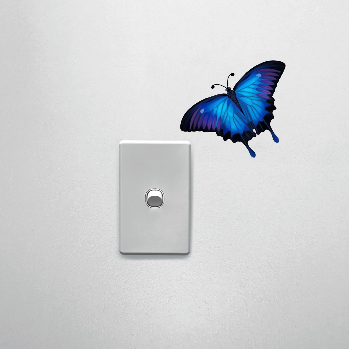 Life-sized hand-drawn Blue Ulysses Butterfly decal on luxury matte textured vinyl, placed above a light switch