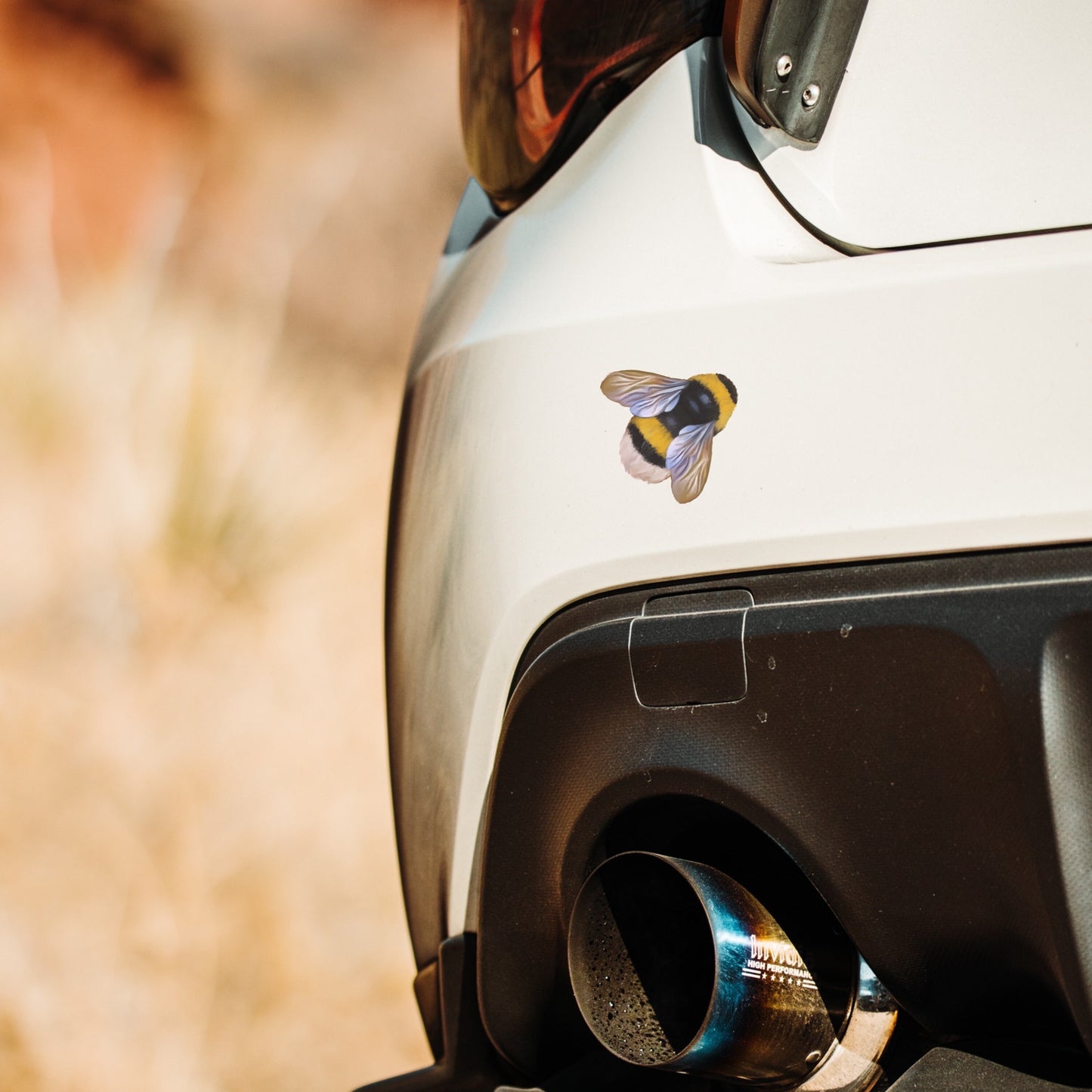 Waterproof Bumble Bee vinyl decal applied to a car, showing vibrant yellow and black fade-resistant details.