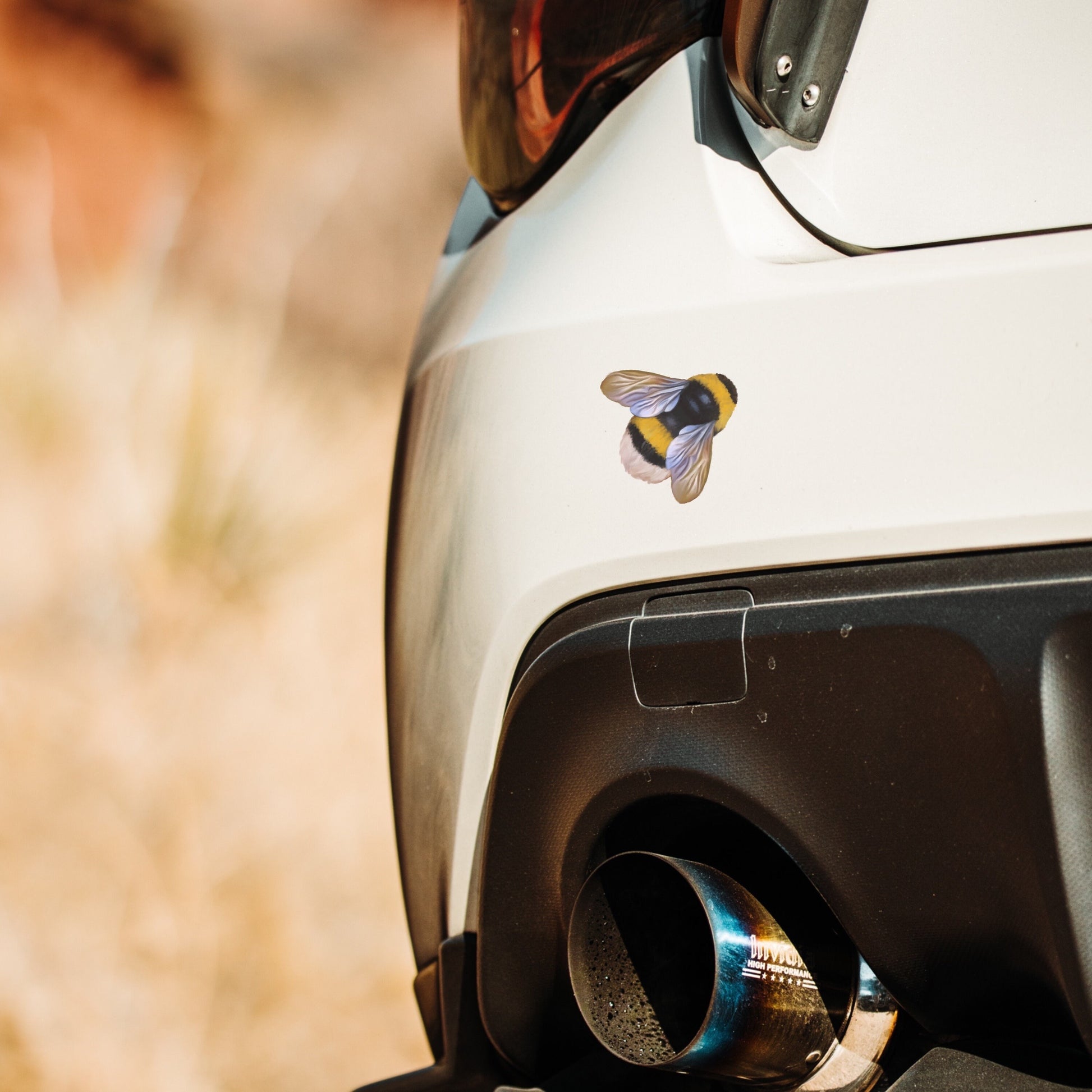 Waterproof Bumble Bee vinyl decal applied to a car, showing vibrant yellow and black fade-resistant details.