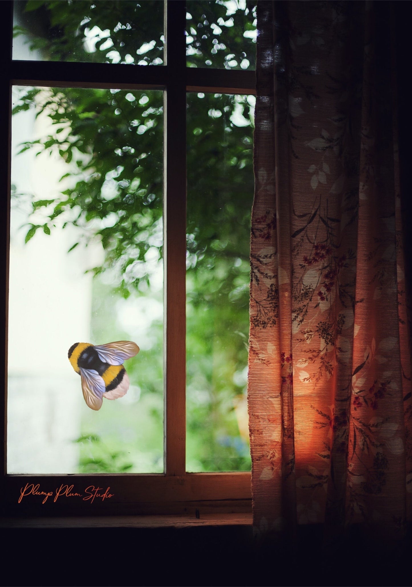 Waterproof Bumble Bee vinyl decal applied to a window, showing vibrant yellow and black fade-resistant details.