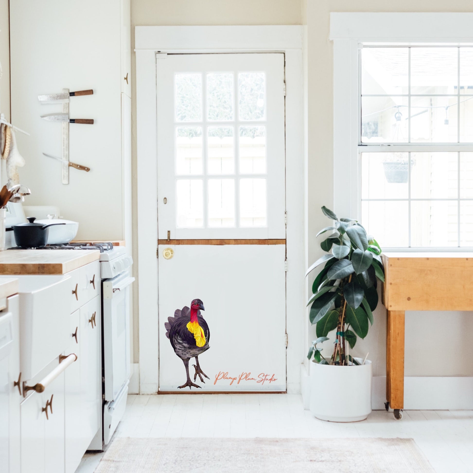 Large Scrub Turkey wall sticker placed in a kitchen corner, showing a lifelike "painted-on" effect on an interior door