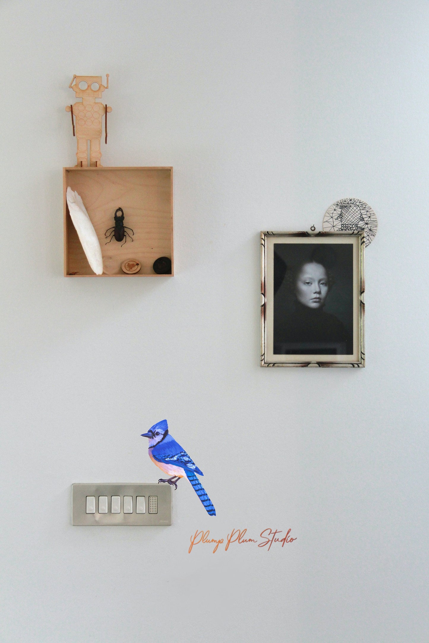 Blue Jay bird sticker perched realistically above a light switch on a colored wall, showing a seamless borderless edge.