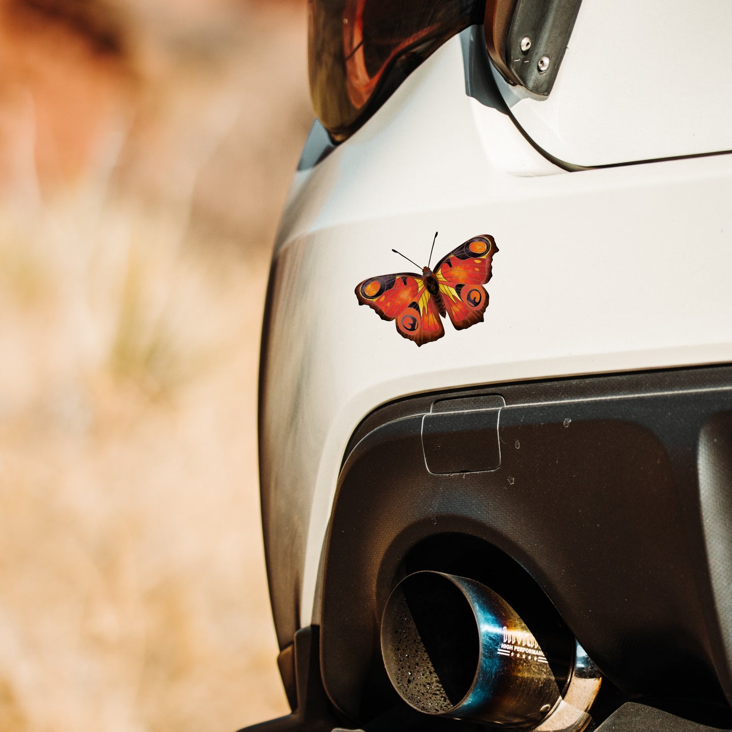Water-resistant Peacock Butterfly vinyl decal applied to a car bumper, showing fade-resistant vibrant orange tones.