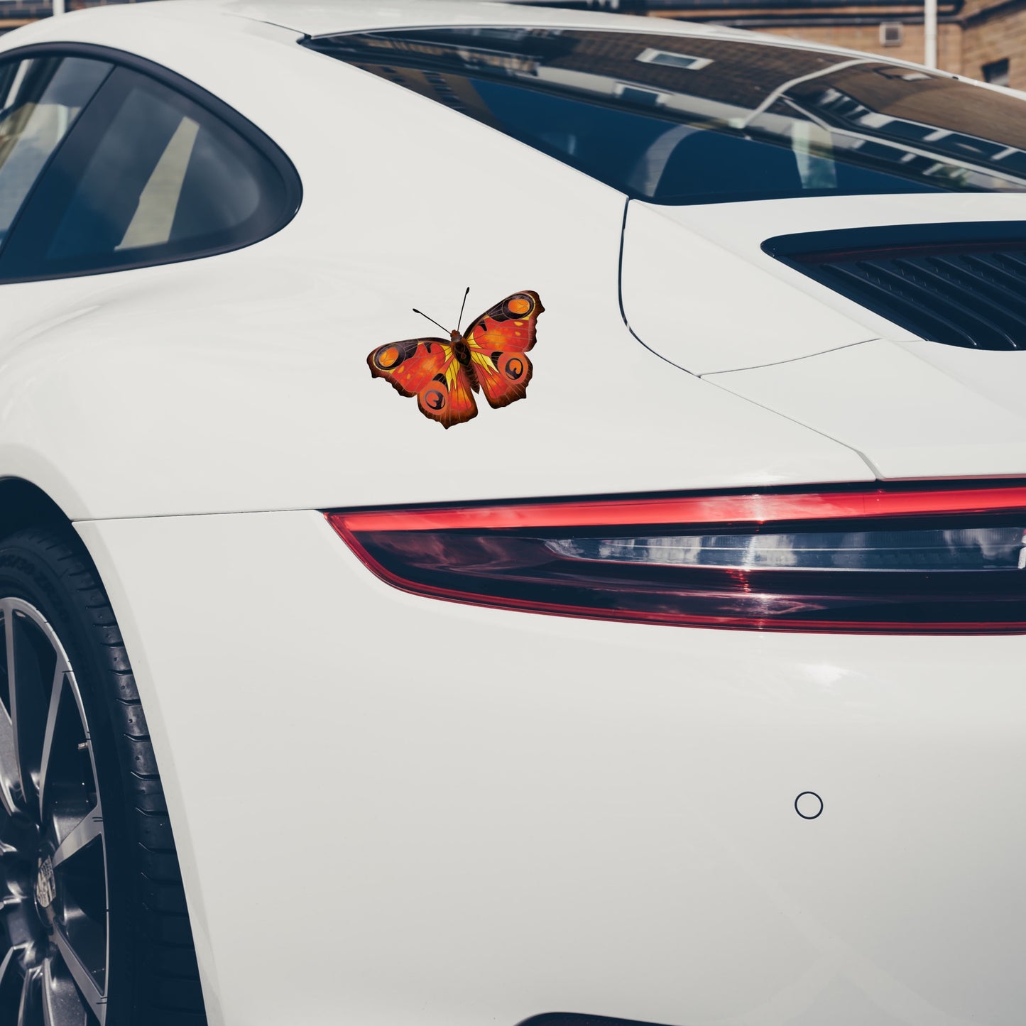 Water-resistant Peacock Butterfly vinyl decal applied to a car side, showing fade-resistant vibrant orange tones.
