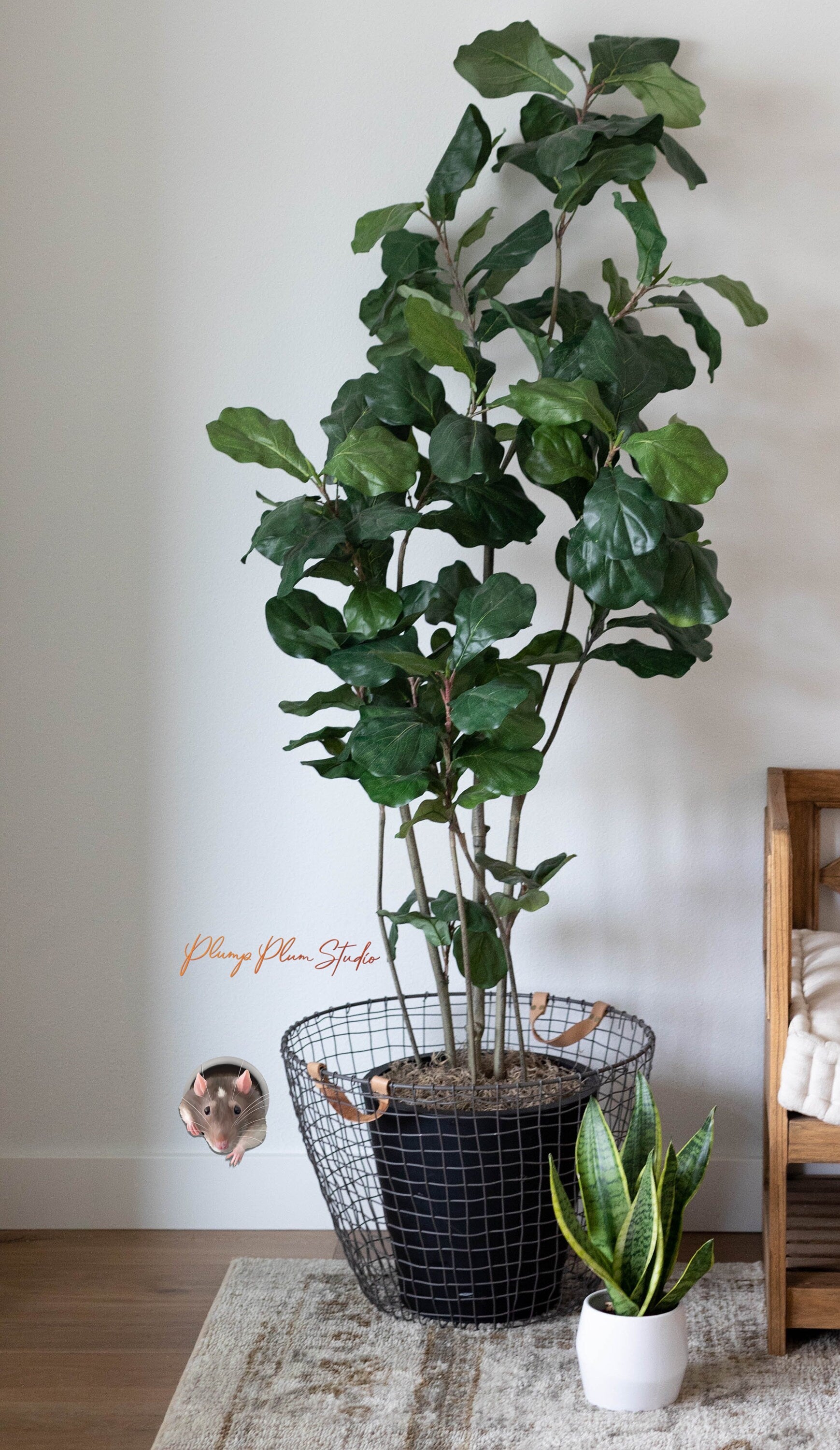 Funny rat hole sticker applied to a white skirting board, creating a realistic trompe l'oeil trick-of-the-eye effect.