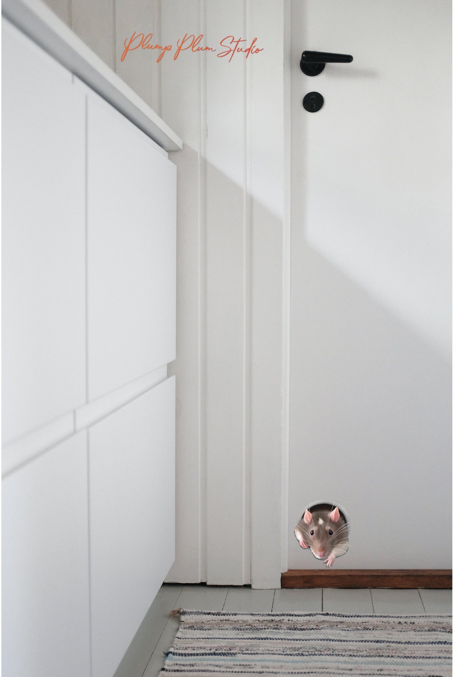 Sneaky rat in a hole decal placed near a kitchen floor corner to surprise and delight visitors.