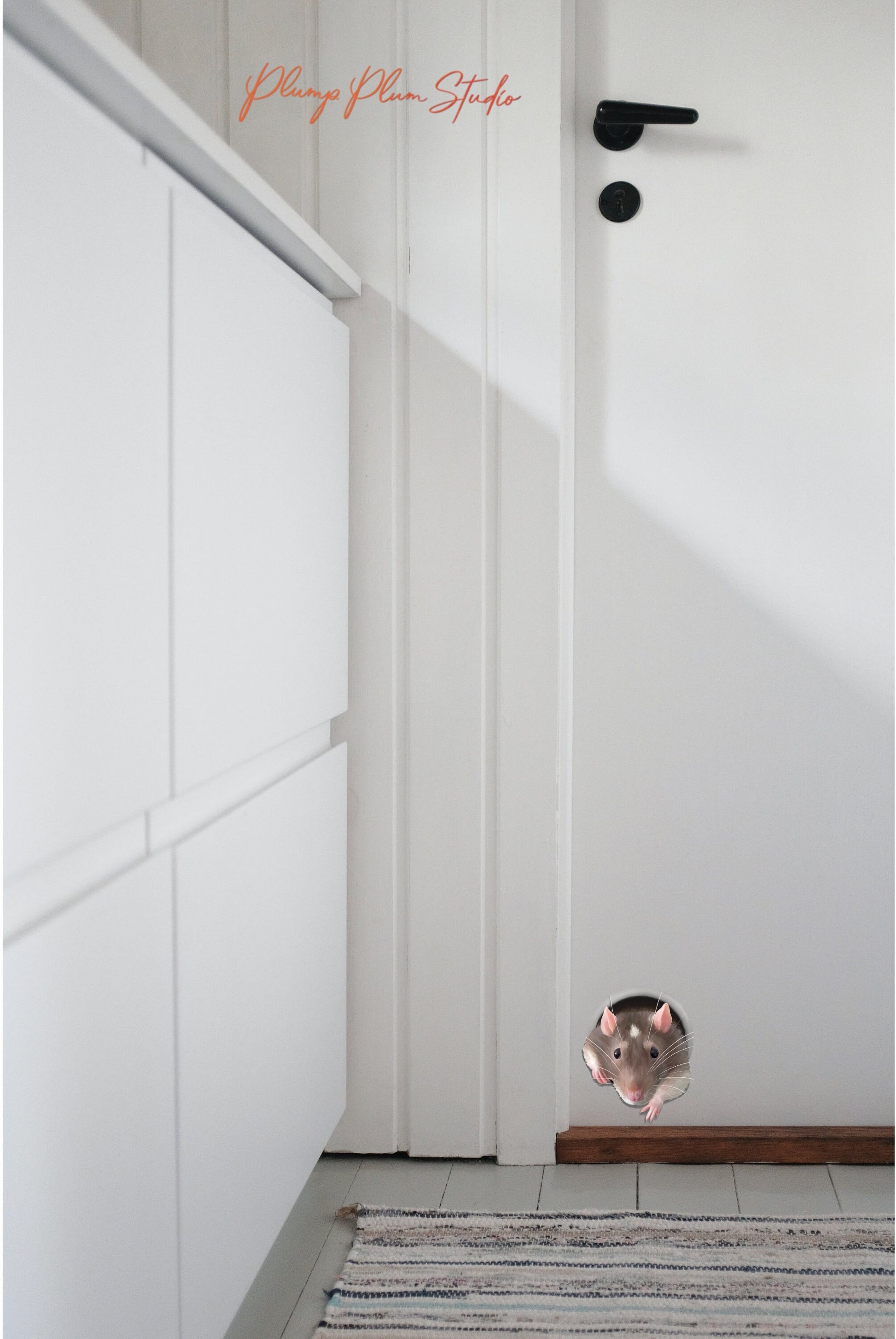 Sneaky rat in a hole decal placed near a kitchen floor corner to surprise and delight visitors.