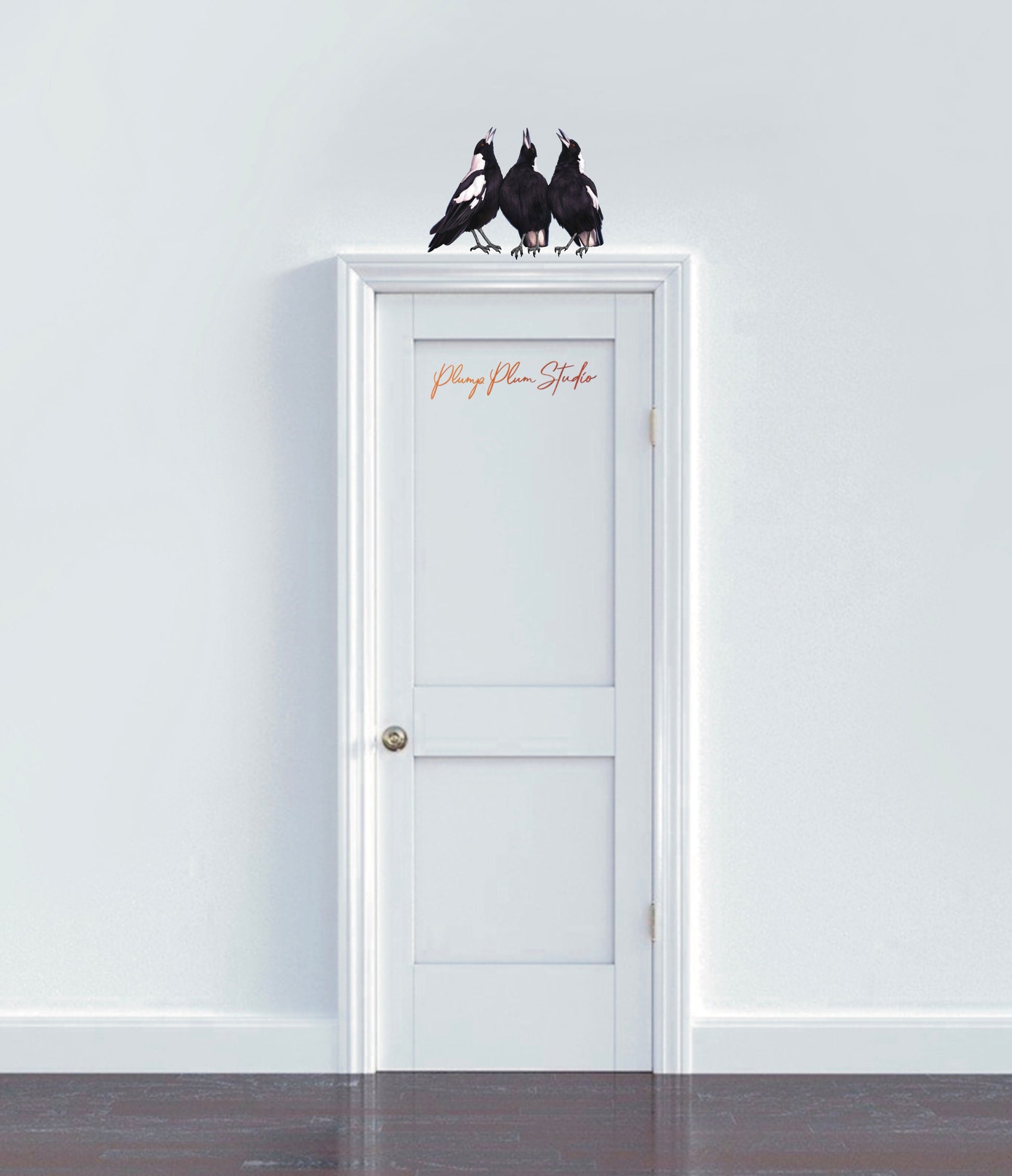 Large Australian Magpie wall decal positioned above a hallway door, creating a life-sized nature-inspired statement.