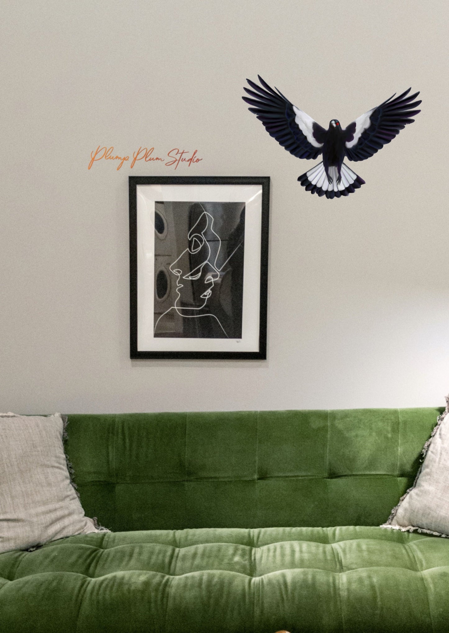 Swooping Magpie decal, Australian Magpie, Bird lover gift, luxury textured vinyl, peel/stick, indoor/outdoor repositionable vinyl wall decal