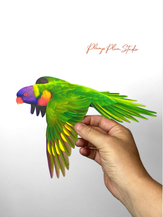 Flying Rainbow Lorikeet vinyl decal, light switch decal, car decal, Australian parrot decal, fabric textured vinyl, lorikeet parrot sticker