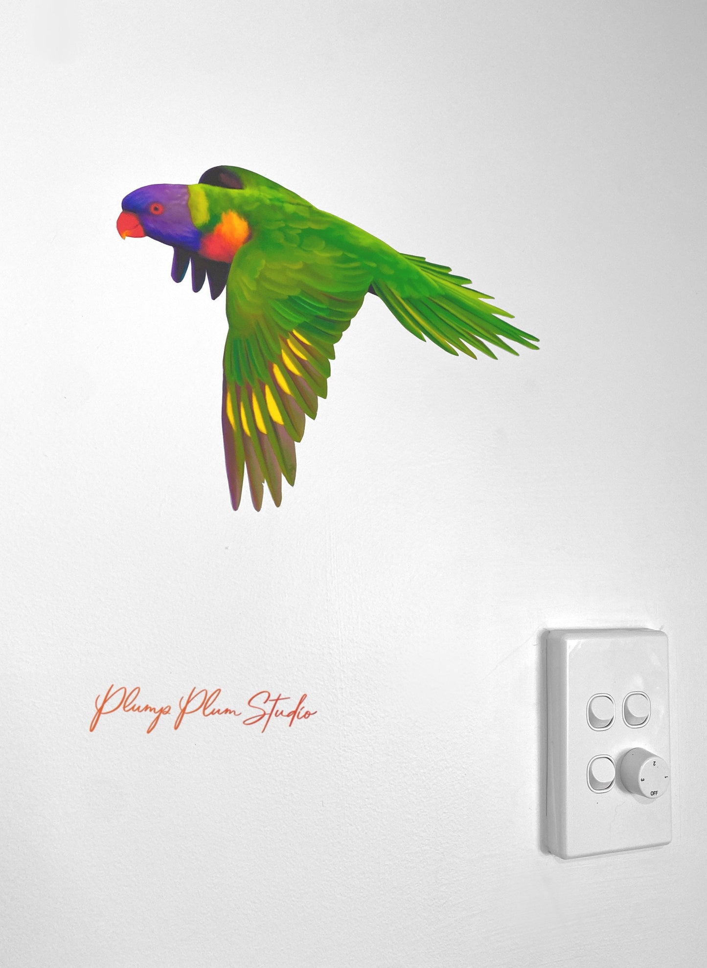 Flying Rainbow Lorikeet vinyl decal, light switch decal, car decal, Australian parrot decal, fabric textured vinyl, lorikeet parrot sticker