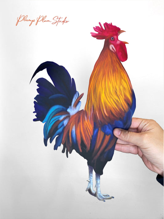 Crowing Rooster decal, colourful realistic rooster sticker, farmhouse decor, deluxe indoor/outdoor repositionable fabric texture vinyl